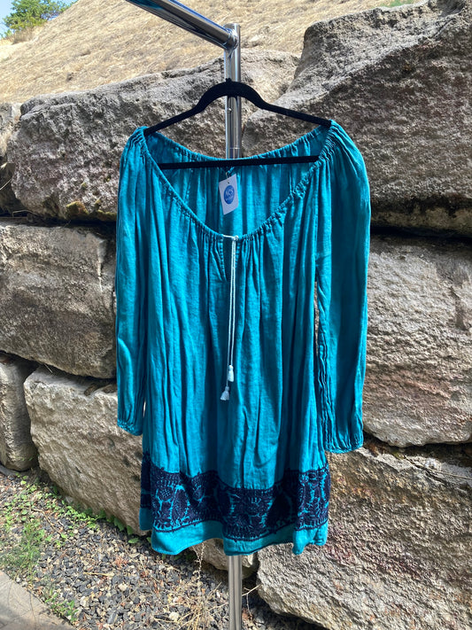 Turquoise Peasant Dress- L