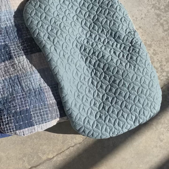 A video of the six pet pillows laid out in a line, starting with the robins egg blue and ending on the grey velvet pllow.